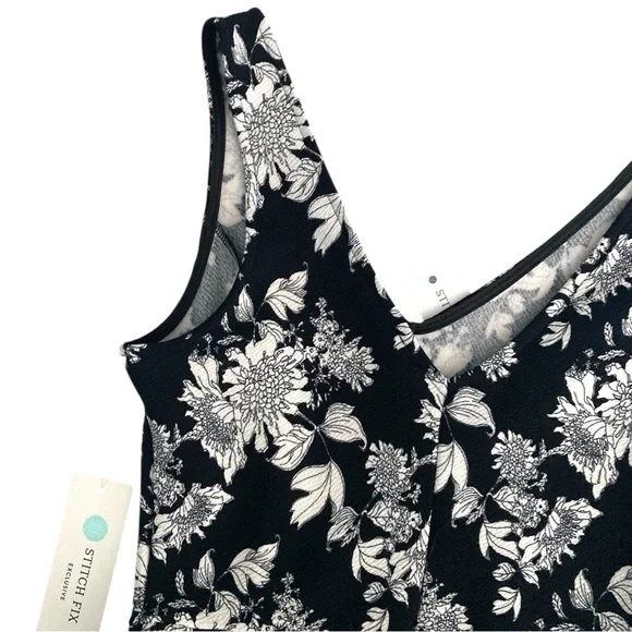 Soloiste Audrey Knit Sleeveless Black White Floral Flare V-Neck Dress New Sz S - Picture 10 of 16